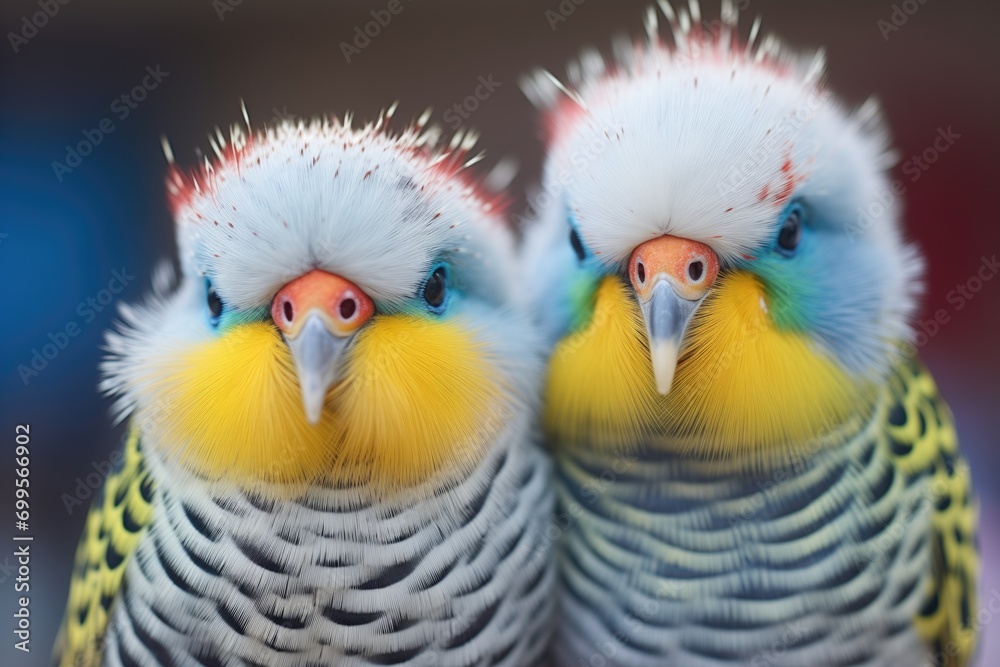 close-up of budgerigars with vibrant feathers