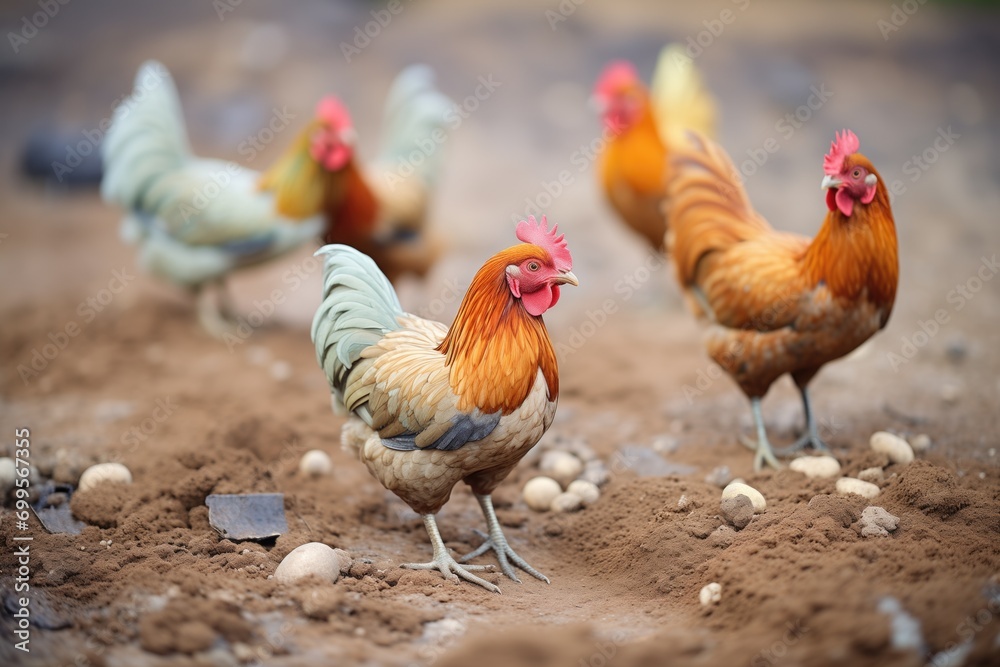 Fototapeta premium vibrant brown chickens foraging in the dirt