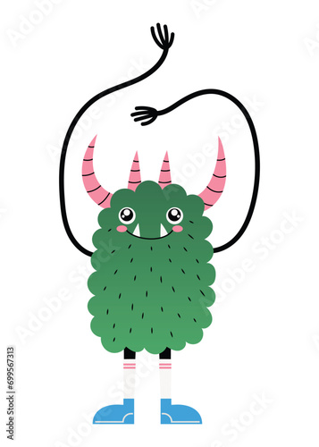 Cute fuzzy and green monster creature with long arms and horns. Childish monster character. Hand drawn isolated vector illustration