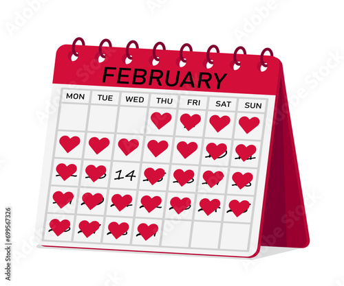 Calendar for the month February with the date 14. Valentine's Day. Vector illustration