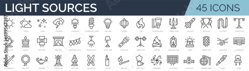 Set of 45 outline icons related to light sources. Linear icon collection. Editable stroke. Vector illustration photo