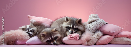 Sleep day, raccoon sleeping on pillows, banner, generative AI