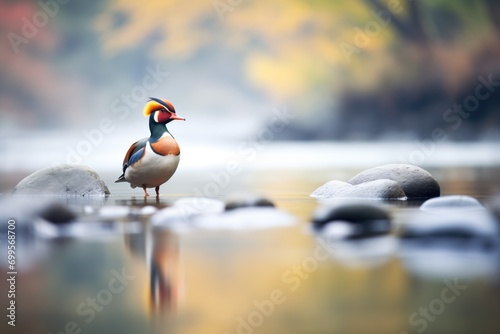 lone duck casting reflection in serene river
