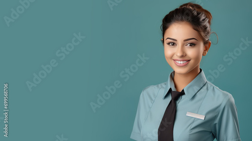 Indian woman in hotel staff uniform smile isolated on pastel background photo