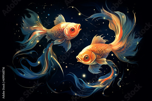 Pisces as two gracefully swirling fish, made entirely of stars, their tails joined by a delicate trail of cosmic dust.