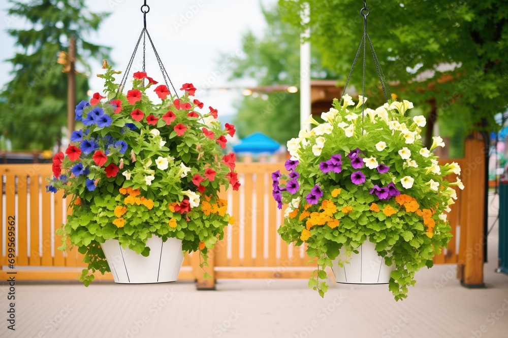 hanging baskets of petunias in outdoor display