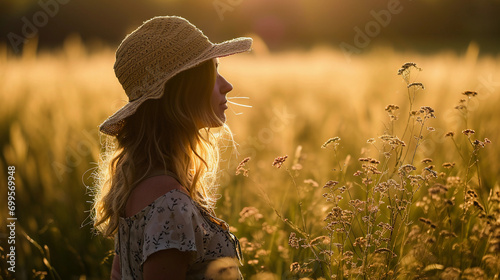 Dreamy golden meadow portrait, late afternoon sun casting long shadows, subject with a sunhat, gazing distantly photo