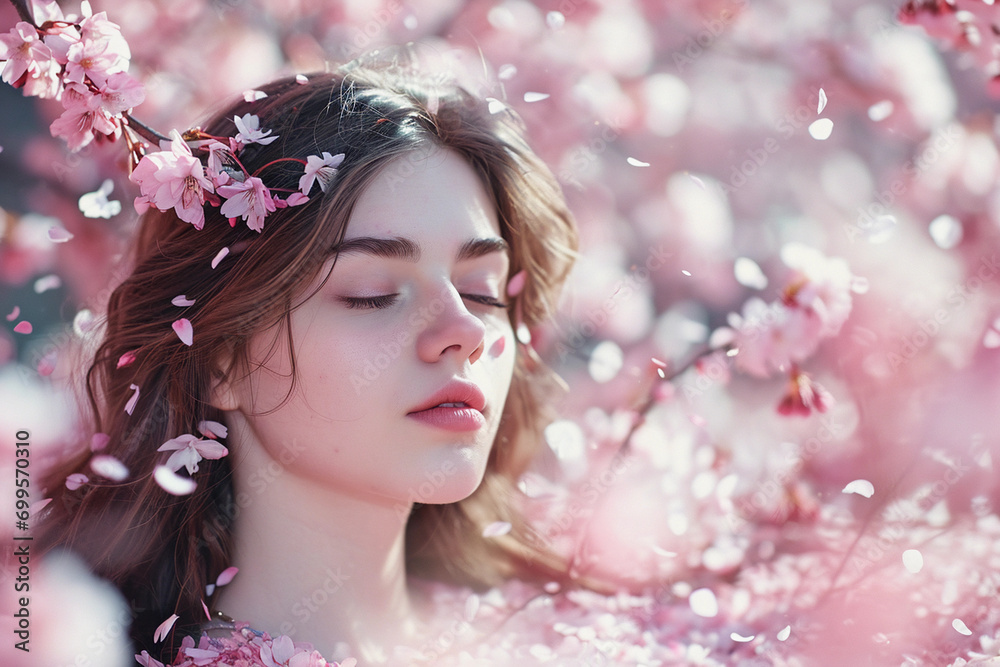 Ethereal portrait in a blooming cherry blossom orchard, petals caught in a gentle breeze, soft pink hues