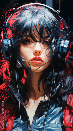 Woman with headphones on her face and red background.