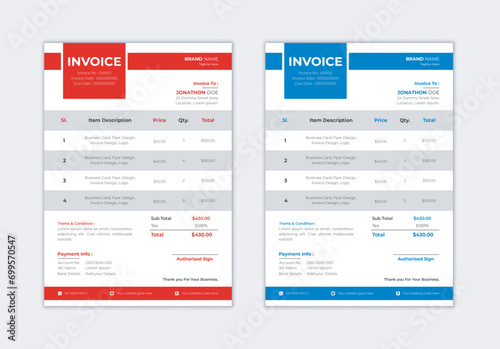 Corporate Business Invoice design template.
Bill form price invoice vector illustration.
Creative invoice template with A4 size,
Modern invoices with 2 color sets.