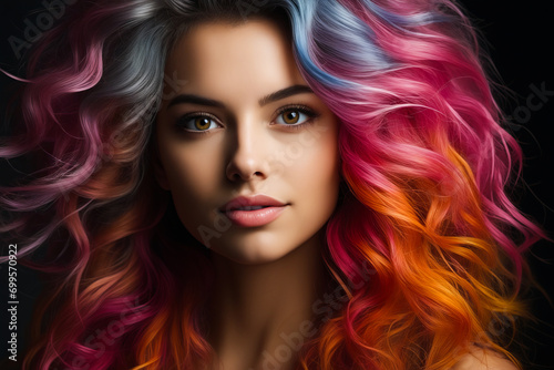 Woman with colorful hair and black background is shown in this artistic photo.