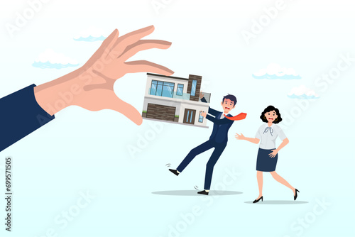 Bankruptcy man and family fighting to hold back their house with big legal hand evict it by law, eviction and mortgage debt, foreclosure or difficulty to payback bank mortgage loan (Vector)