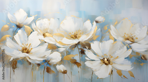 Abstract oil painting art. Flower and leaves painting. White, golden and blue. wallpapers, banners, posters, cards, murals, rugs, hangings paint. generative ai 