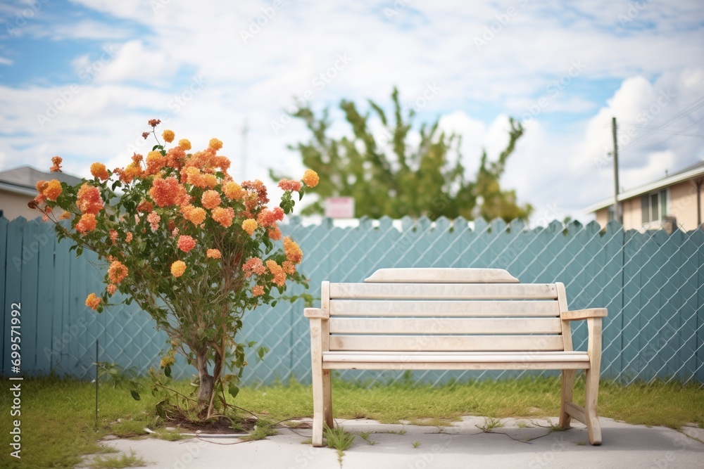 lone bench beside a flowering cemetery shrub