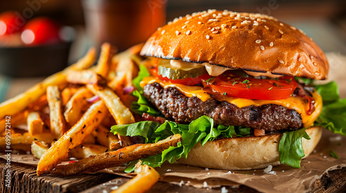 Fastfood, Saftiger Hamburger, Cheeseburger, Restaurant, Imbiss, Speisekarte, Pommes, generative AI