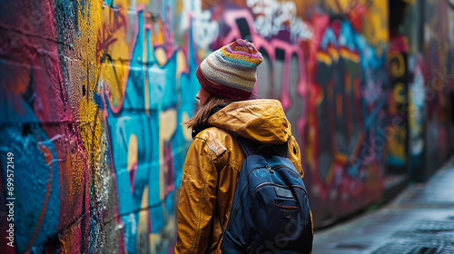 Young adult on a graffiti-filled urban street, vibrant colors, self-expression