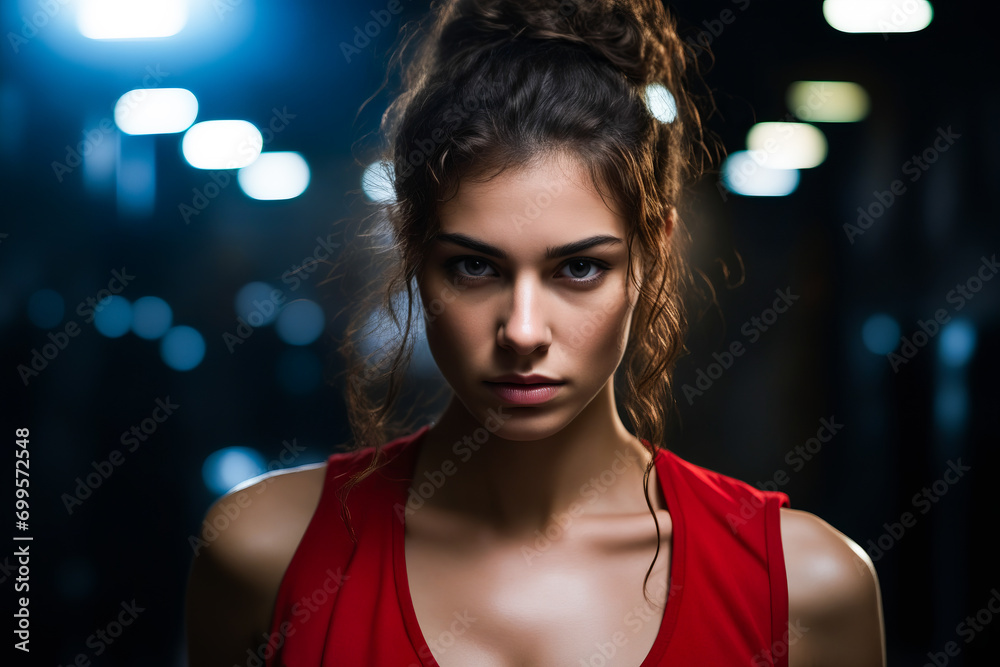 Woman in red top is staring at the camera with serious look on her face.