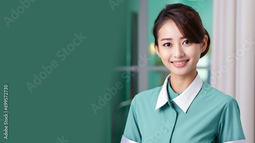 Asian woman in hotel staff uniform smile isolated on pastel background