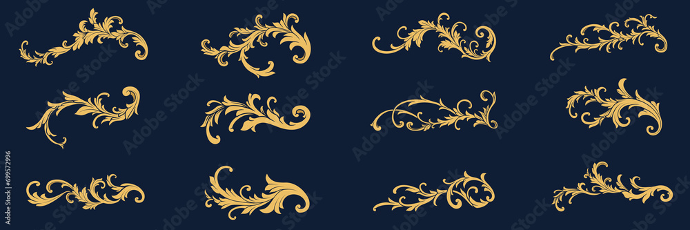Set vector of gold vintage decorative floral ornament. Flourish, baroque, filigree, border, frame, corner element. design for greeting, page decoration cards, wedding invitation, banner, frames.
