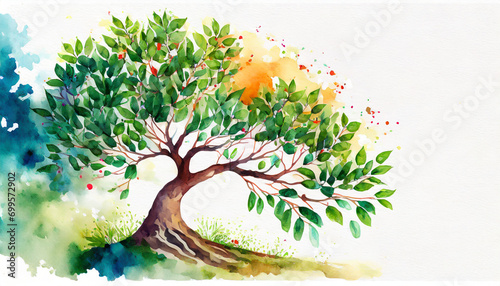 Tu Bishvat tree, copy space on a side, watercolor art style