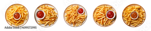 Collection plate of french fries potatoes served with dipping ketchup or sauce isolated on a transparent background, top view