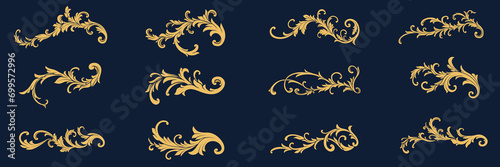 Set vector of gold vintage decorative floral ornament. Flourish, baroque, filigree, border, frame, corner element. design for greeting, page decoration cards, wedding invitation, banner, frames. photo