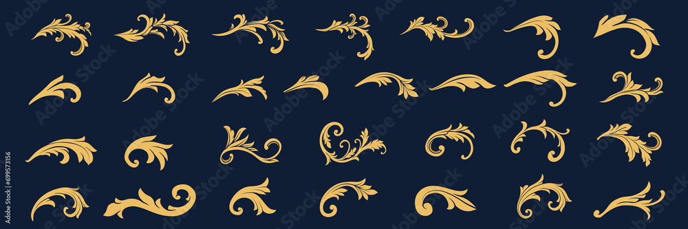 Flourishes Calligraphic Ornaments. Gold Vintage Decorations Elements. Baroque, arabesque, Damask, victorian, floral leaf pattern, Filigree elegant ornamental.