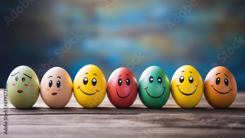 Cartoon painted Easter eggs with happy faces on a bright background.
