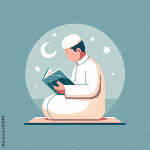 Illustration of a person in Muslim clothing reading the Koran. Islamic person cartoon characters. © ZulHaq