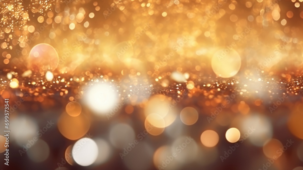 Decorative festive abstract golden glitters with blurred bokeh effect background. Christmas, New Year, holidays decoration banner