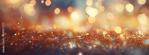 Decorative festive abstract golden glitters with blurred bokeh effect background. Christmas, New Year, holidays decoration banner