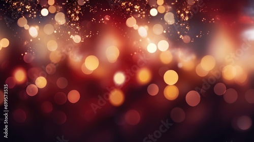 Decorative festive abstract red glitters with blurred bokeh effect background. Christmas, Valentine's Day, holidays decoration banner