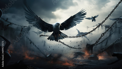 A dove in the midst of war and battle in chains and fire. Wallpaper.