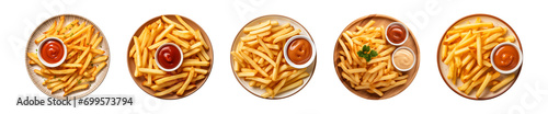 Collection plate of french fries potatoes served with dipping ketchup or sauce isolated on a transparent background, top view