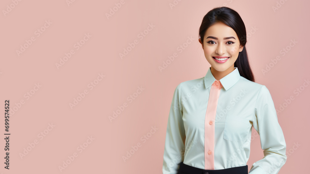 Malay woman in hotel staff uniform smile isolated on pastel background Malay woman in hotel staff uniform smile isolated on pastel background