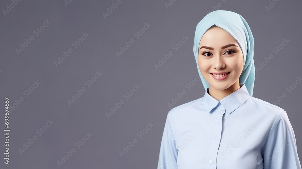 Malay woman in hotel staff uniform smile isolated on pastel background Malay woman in hotel staff uniform smile isolated on pastel background