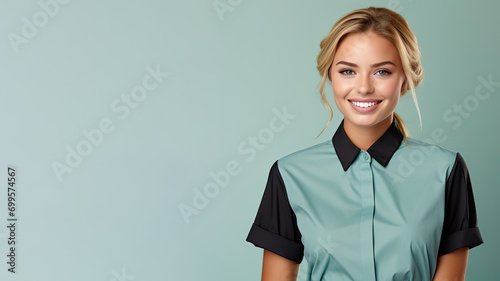 Blonde woman in retail worker uniform smile isolated on pastel background photo