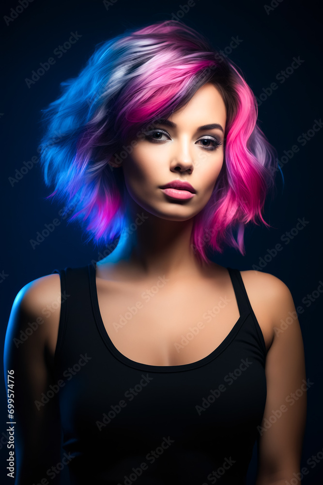 Woman with pink and blue hair and black tank top.