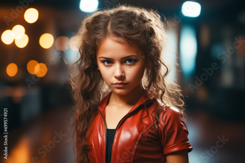 Young girl with red leather jacket on posing for picture.