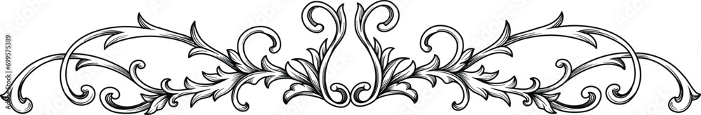 Vintage Baroque element. Arabesque frame engraving ornament. Flourish ornament leaf engraved retro pattern decorative design. Black and white filigree calligraphic vector - obrazy, fototapety, plakaty 