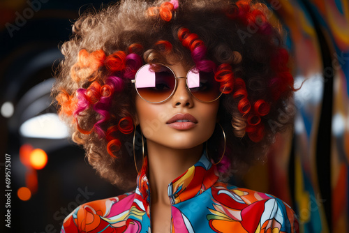Woman with colorful afro and sunglasses on her head.