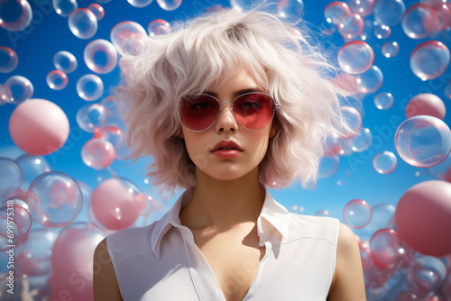 Woman with white hair and red sunglasses is standing in front of bubbles.