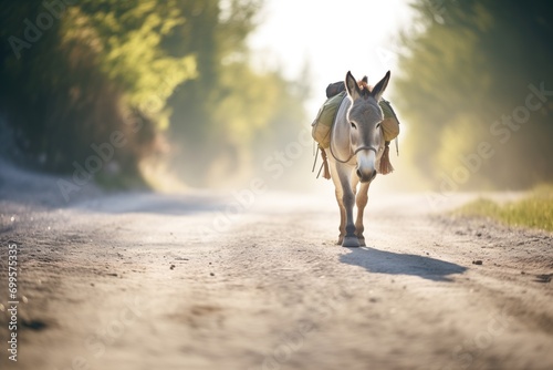 lone mule trekking on a gravel road, stirring a dust wake