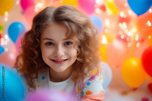 Young girl smiling with balloons in the background and backdrop of balloons.