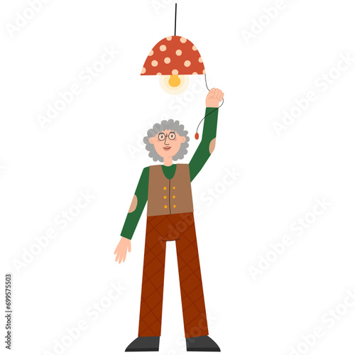 Old woman turn off the light. Earth hour. Earth day.