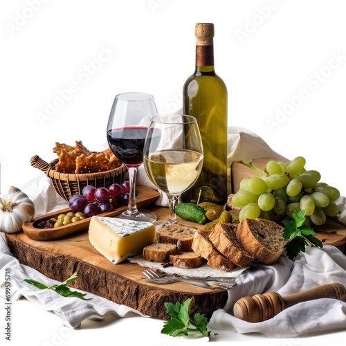 Full view of isolated picnic composition photo, wine and appetizers, professional photo, sharp focus, white background