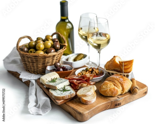 Full view of picnic composition photo, wine and appetizers, professional photo, sharp focus, white background