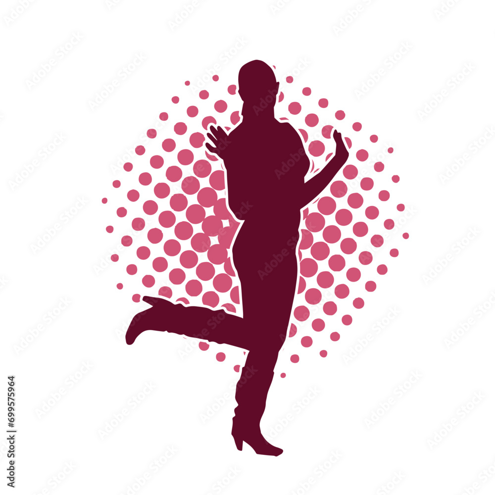 Silhouette of a female dancer in action pose. Silhouette of a slim woman in dancing pose. Silhouette of a female dancer in action pose. Silhouette of a slim woman in dancing pose.