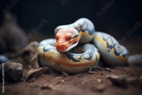 albino python against dark soil