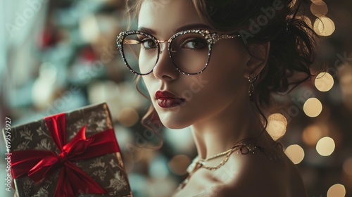 Photo from the 30s of the 20th century of sensual enchanting woman in glasses with gift box, professional photo, high details, sharp focus